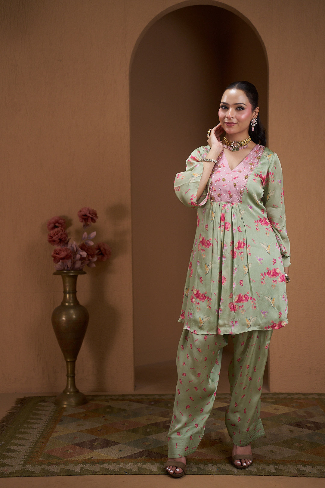 Blush Bloom Printed Kurta Set with Tulip Pants