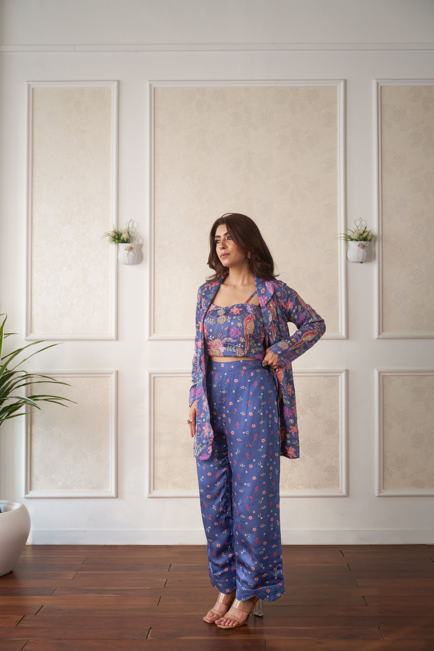 Midnight Bloom Printed Co-Ord Set with Embroidered Blazer