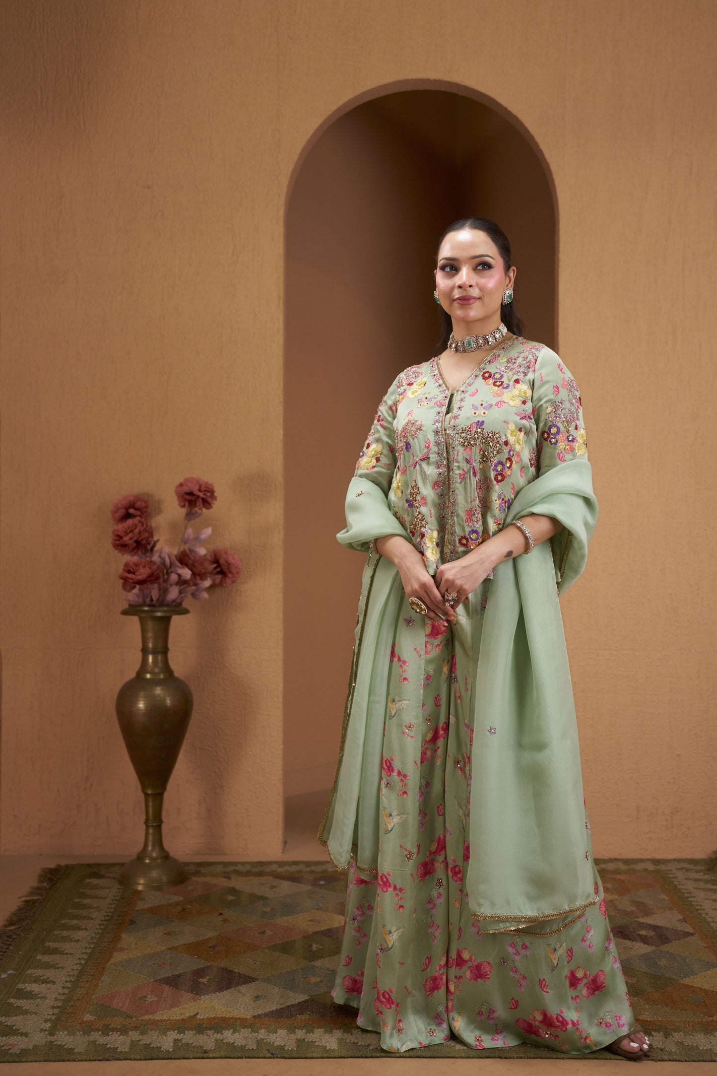 Verdant Bloom Embroidered Kurta Set with Sharara & Dupatta