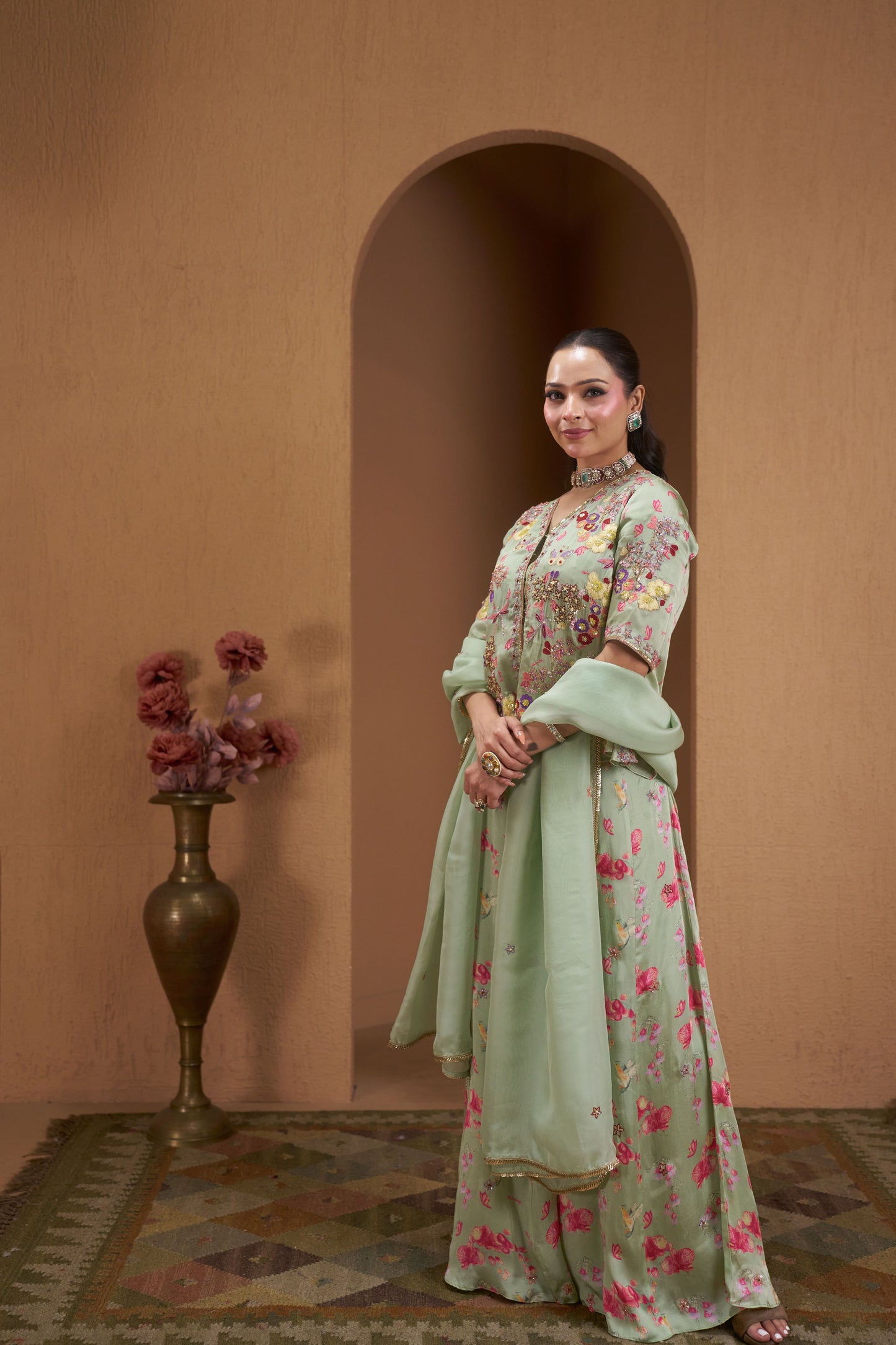 Verdant Bloom Embroidered Kurta Set with Sharara & Dupatta