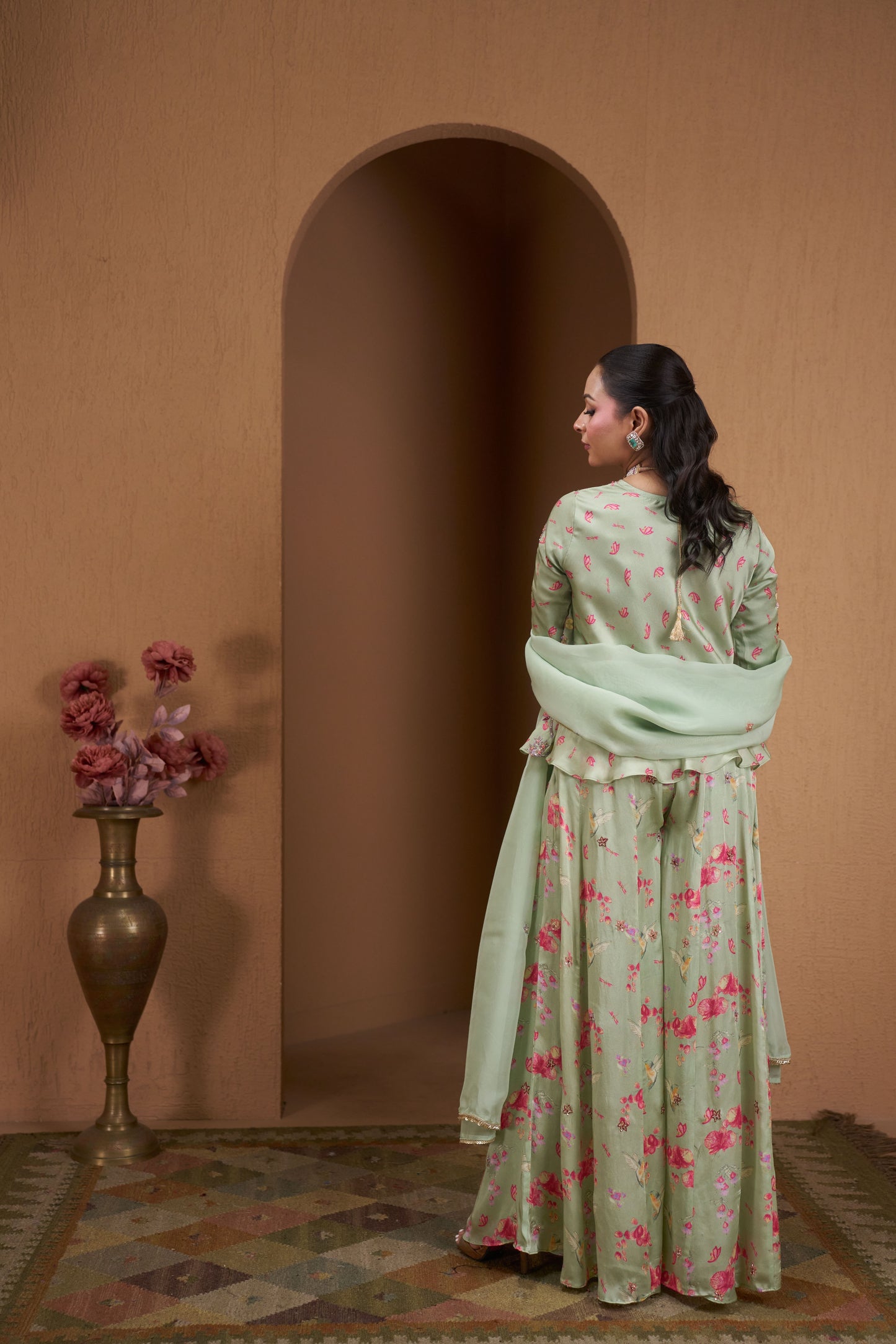 Verdant Bloom Embroidered Kurta Set with Sharara & Dupatta