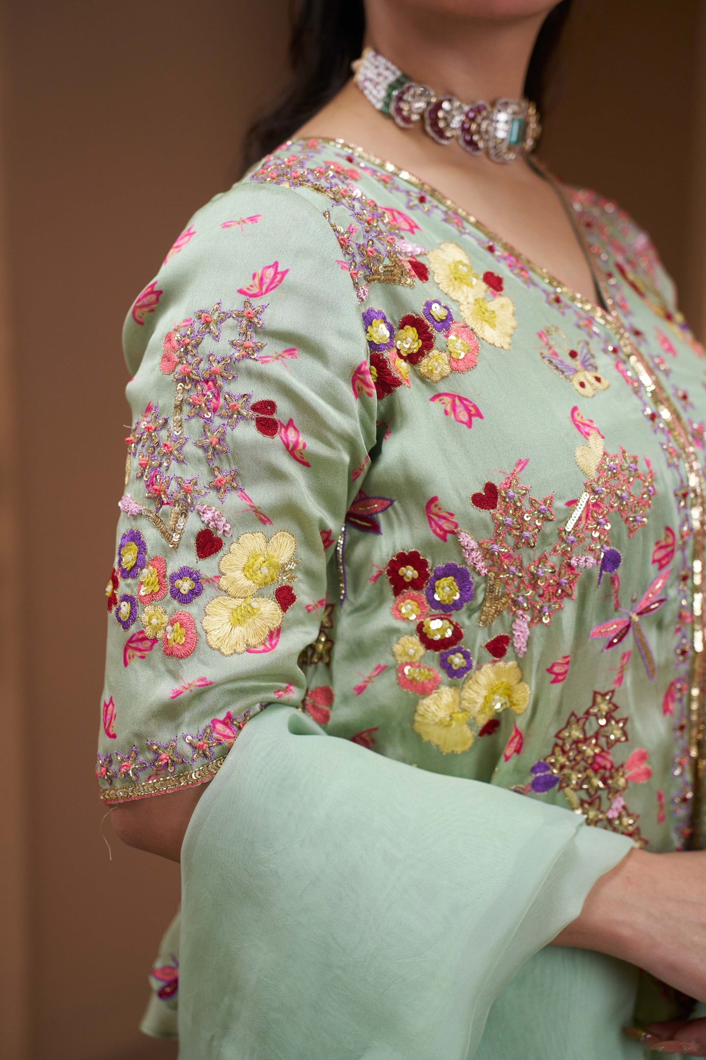 Verdant Bloom Embroidered Kurta Set with Sharara & Dupatta