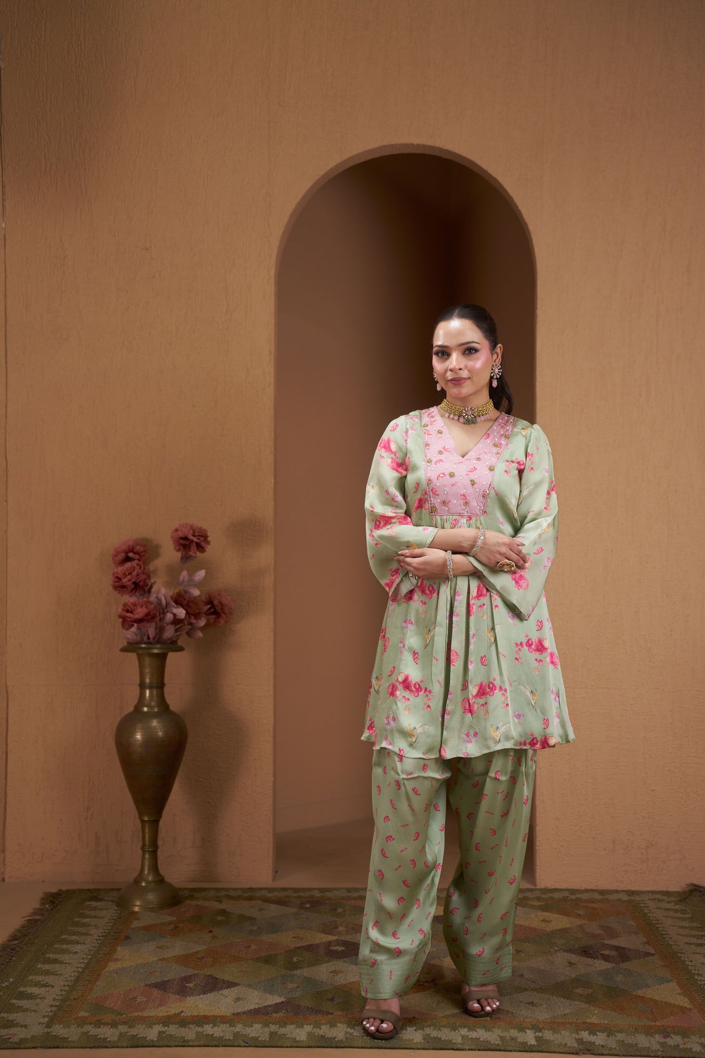 Blush Bloom Printed Kurta Set with Tulip Pants