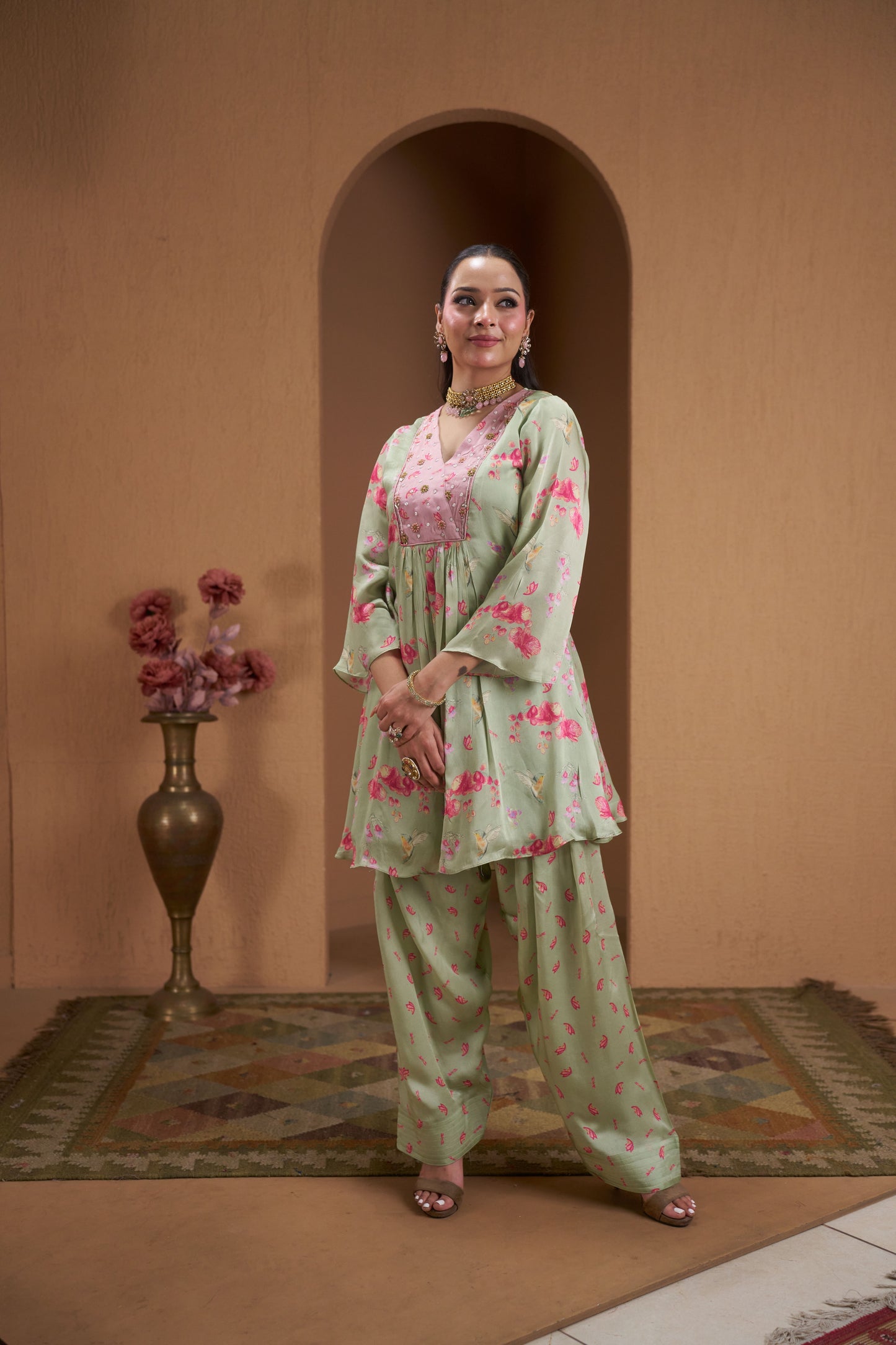 Blush Bloom Printed Kurta Set with Tulip Pants