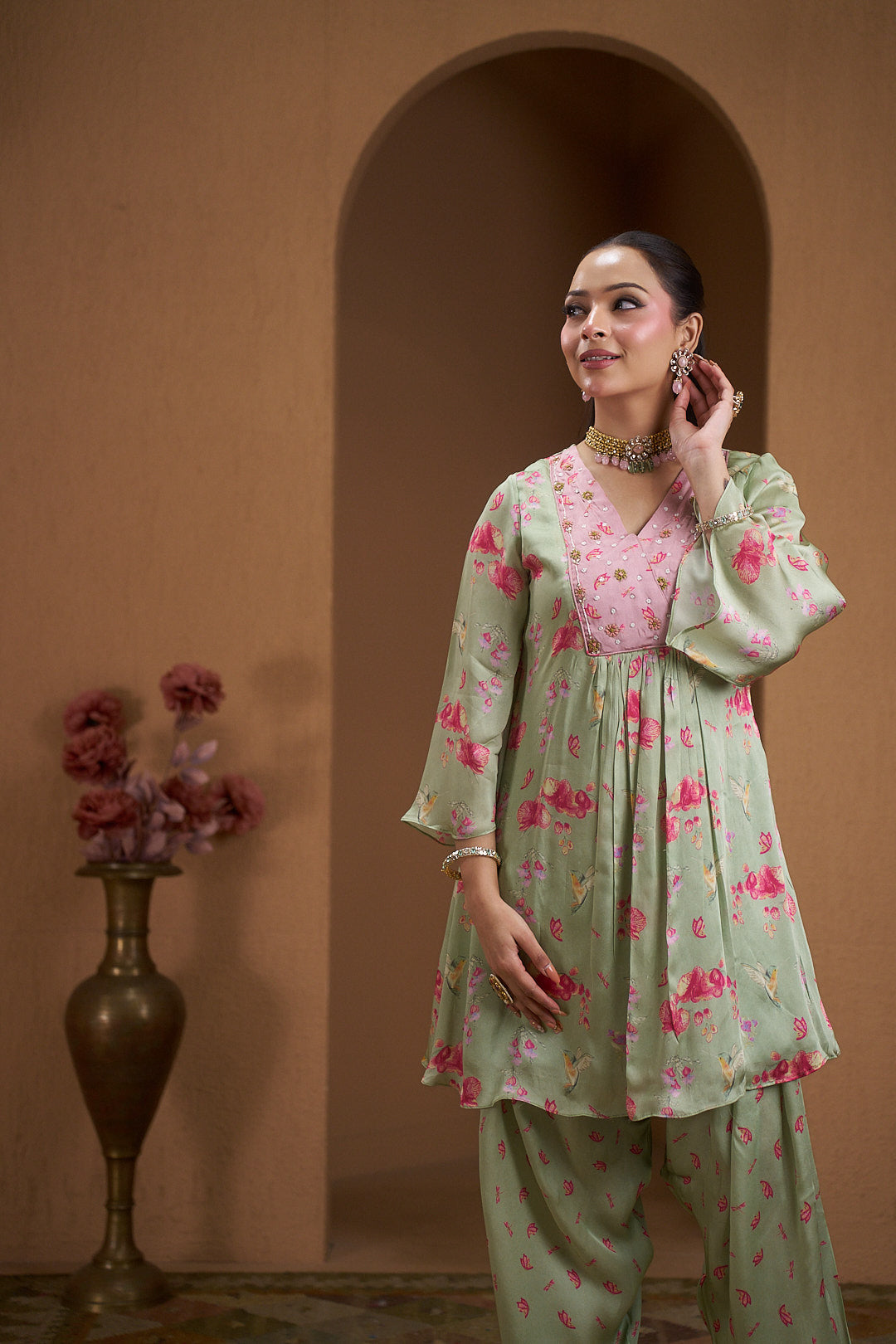 Blush Bloom Printed Kurta Set with Tulip Pants