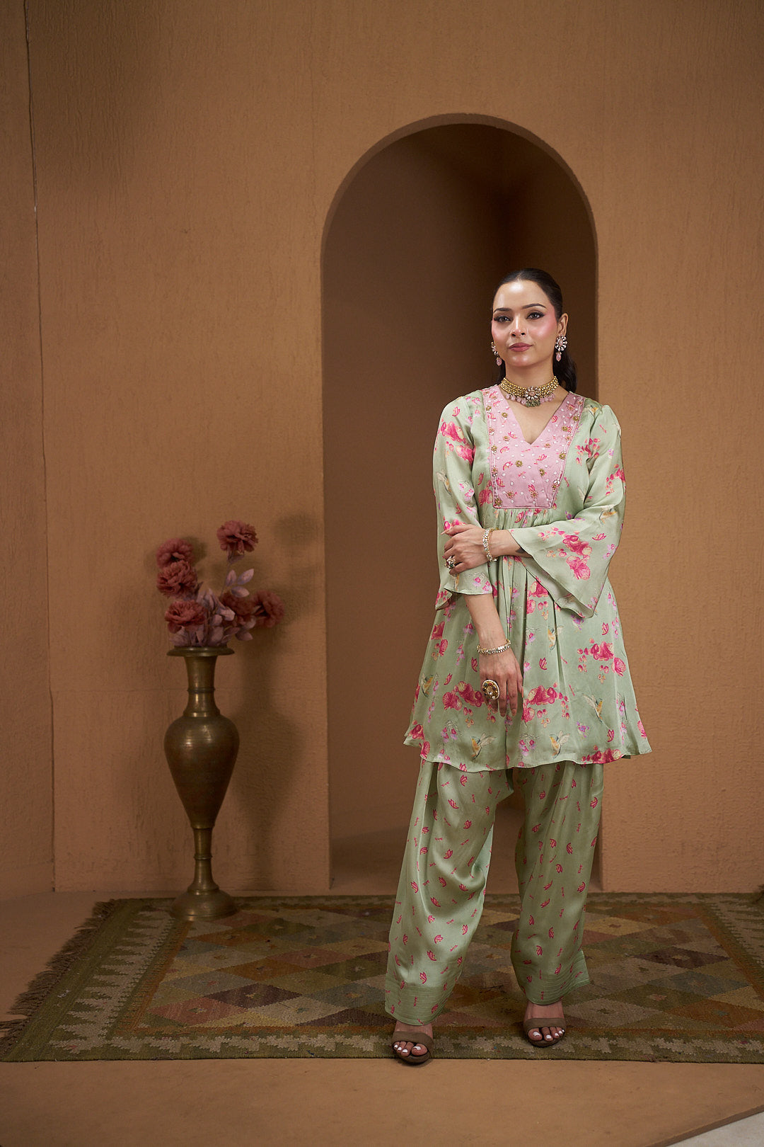 Blush Bloom Printed Kurta Set with Tulip Pants