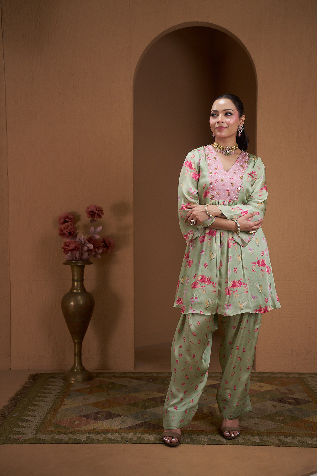 Blush Bloom Printed Kurta Set with Tulip Pants