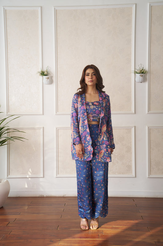 Midnight Bloom Printed Co-Ord Set with Embroidered Blazer