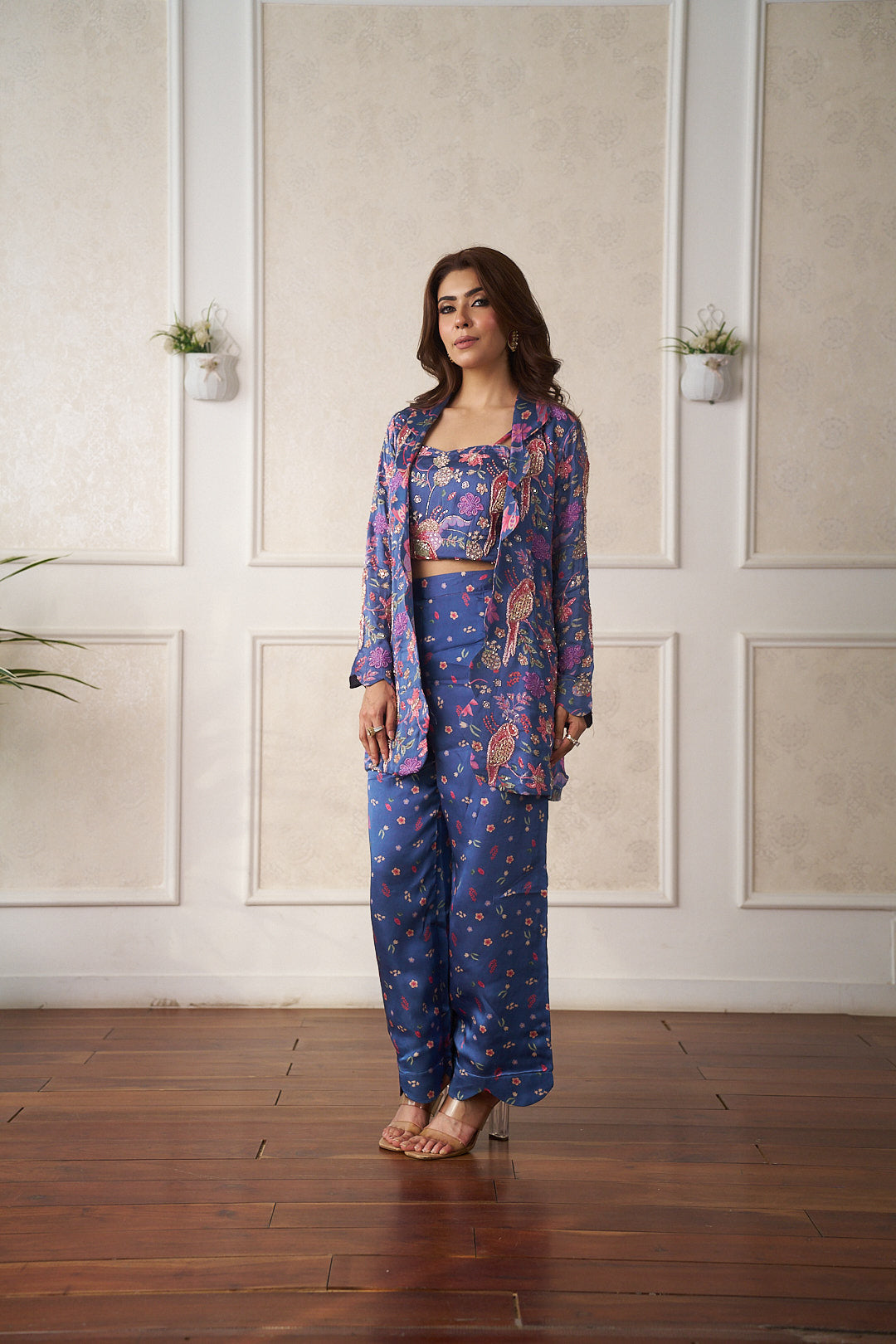 Midnight Bloom Printed Co-Ord Set with Embroidered Blazer
