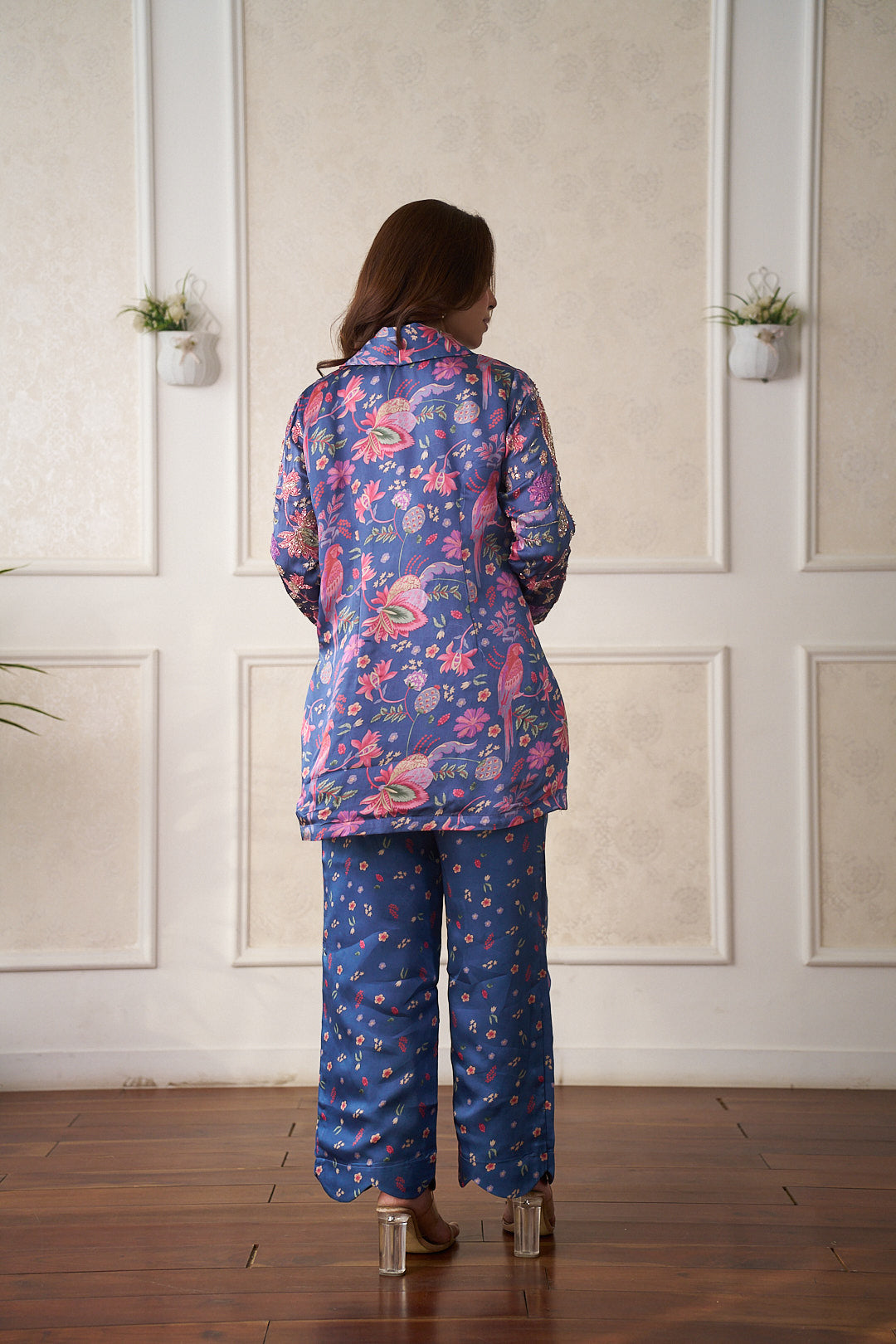Midnight Bloom Printed Co-Ord Set with Embroidered Blazer
