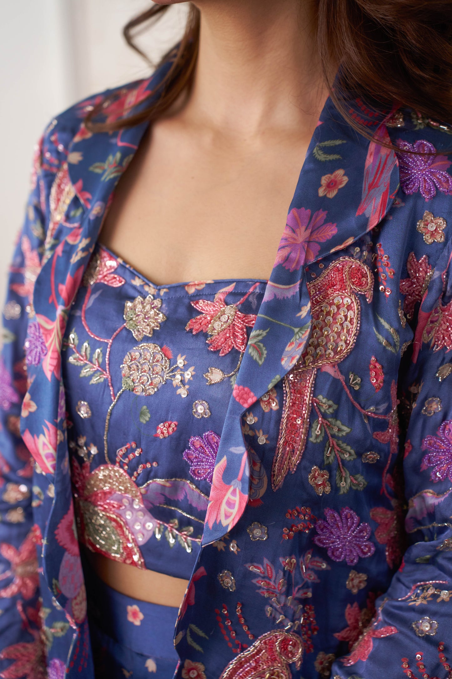 Midnight Bloom Printed Co-Ord Set with Embroidered Blazer
