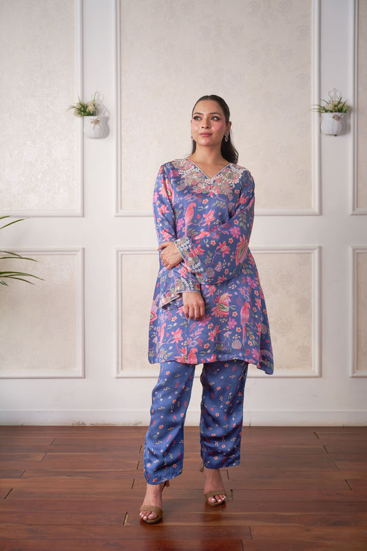 Azure Bloom Printed Kurta Set with Hand Embroidery