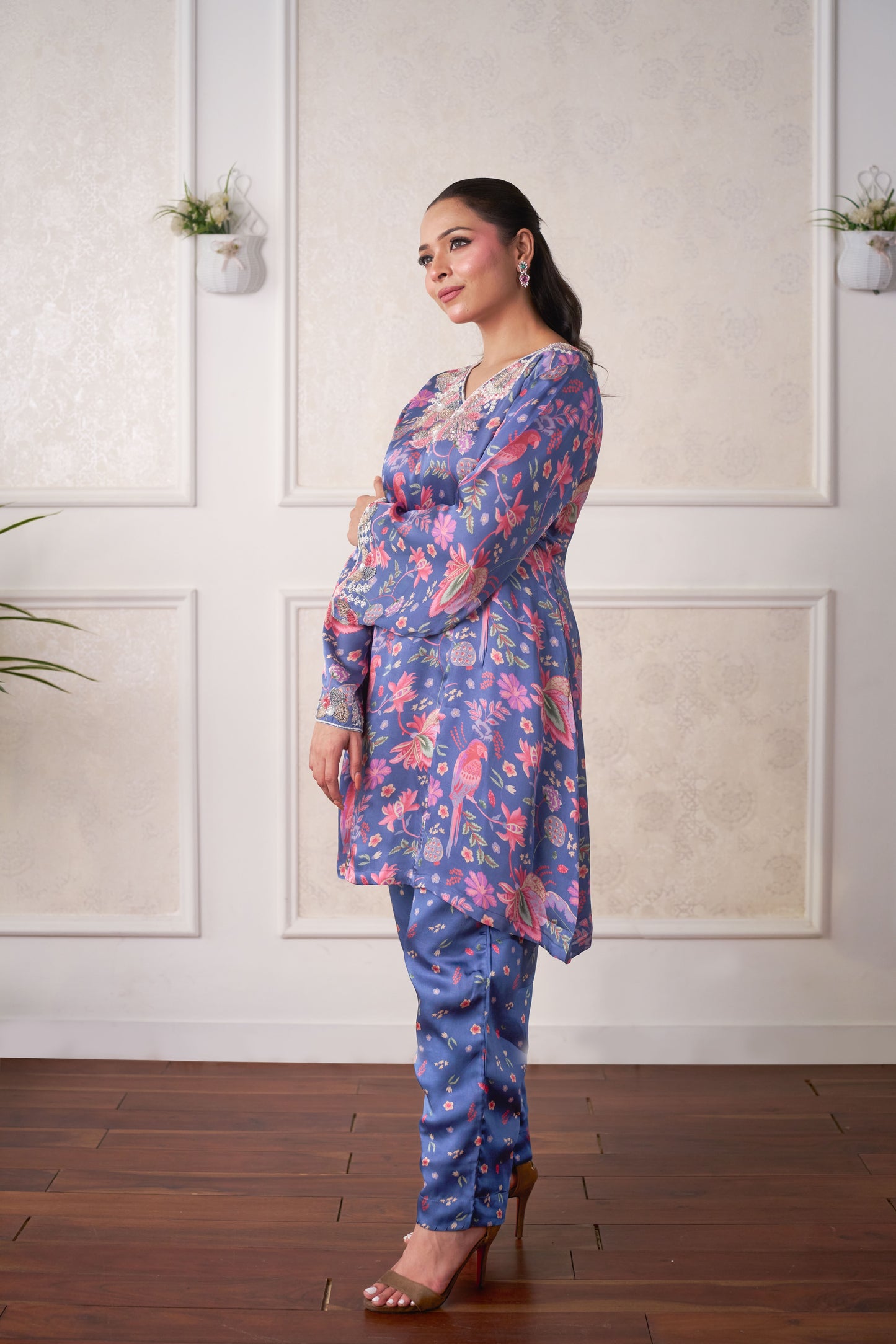 Azure Bloom Printed Kurta Set with Hand Embroidery