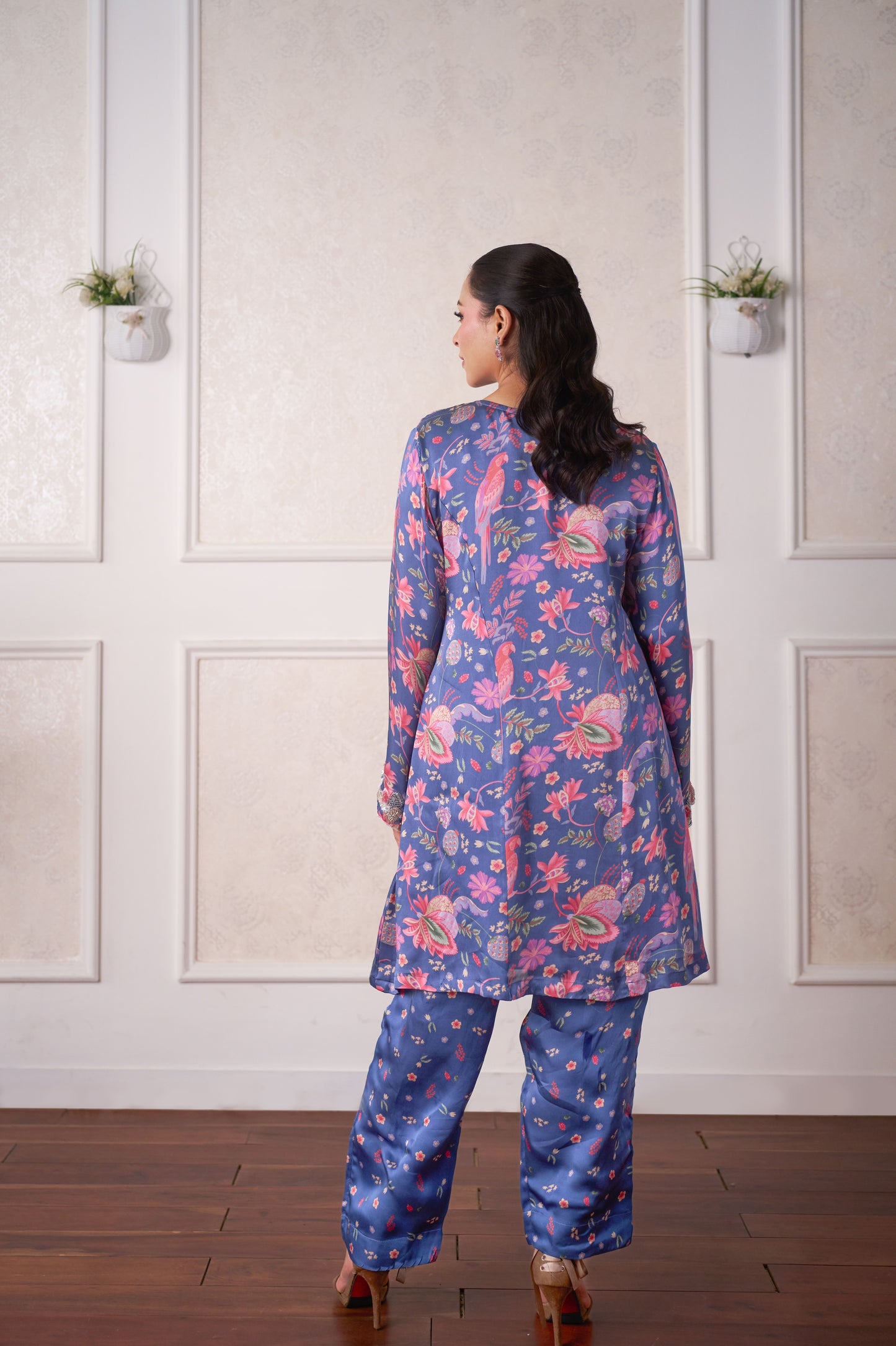 Azure Bloom Printed Kurta Set with Hand Embroidery