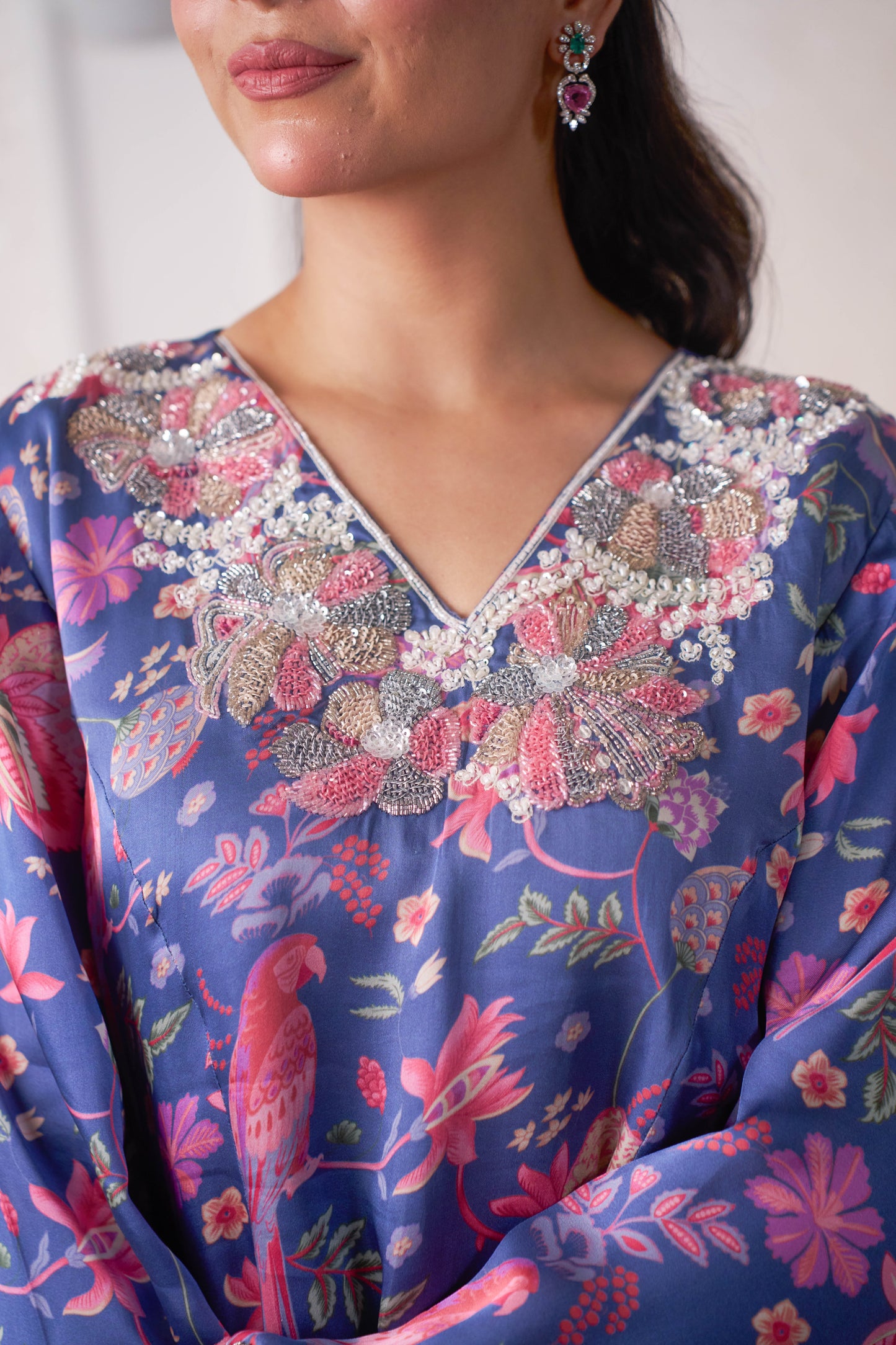 Azure Bloom Printed Kurta Set with Hand Embroidery