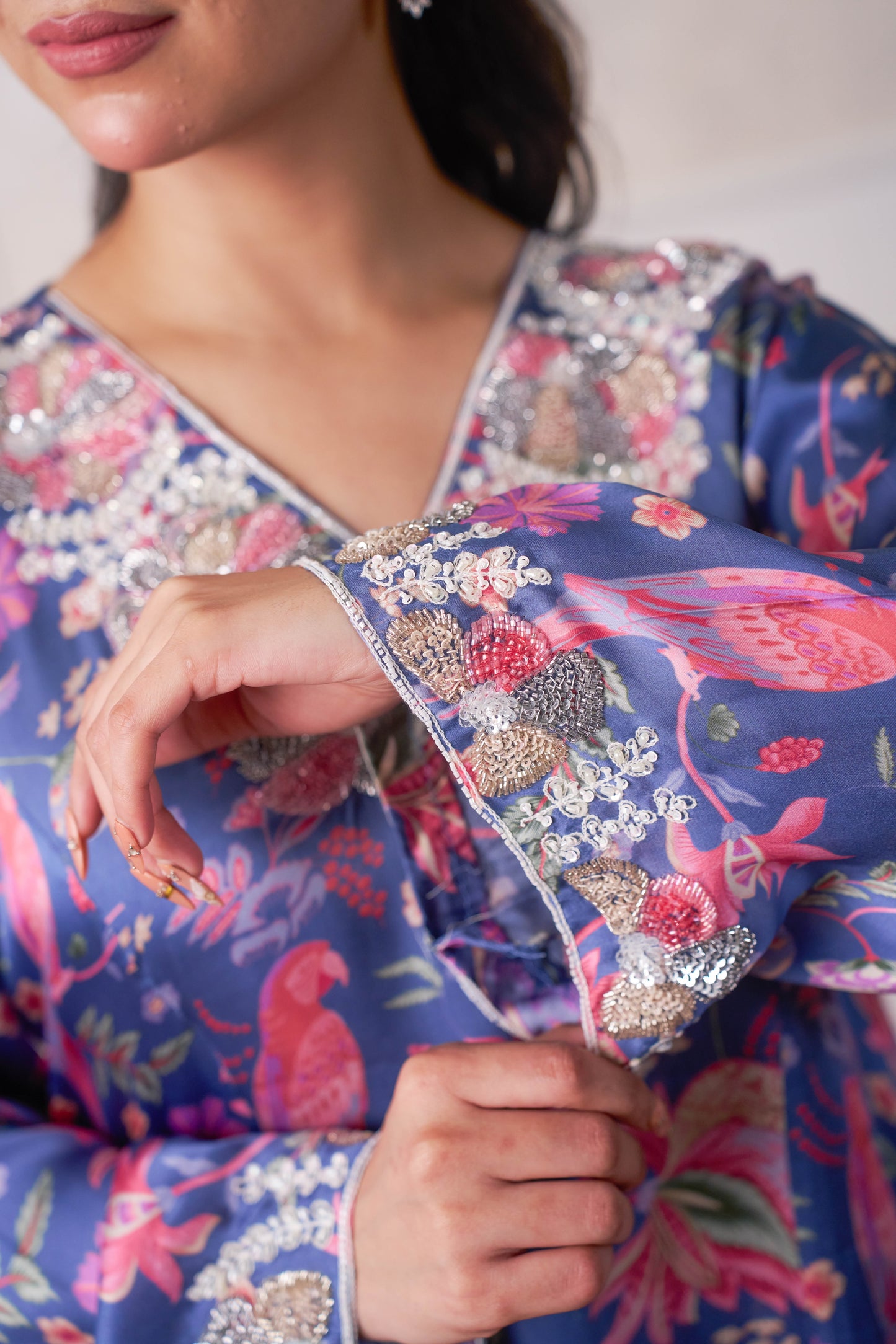 Azure Bloom Printed Kurta Set with Hand Embroidery