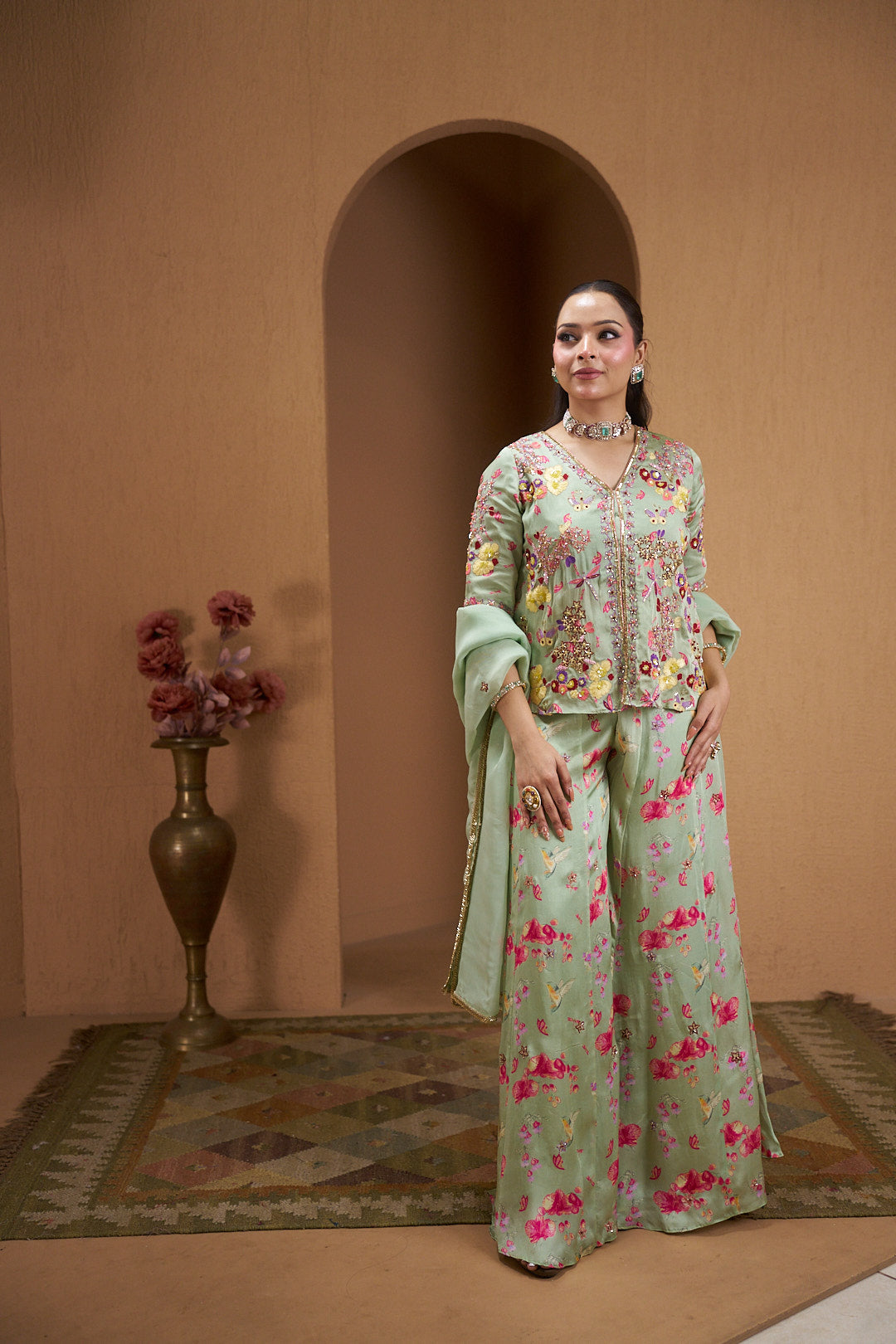 Verdant Bloom Embroidered Kurta Set with Sharara & Dupatta