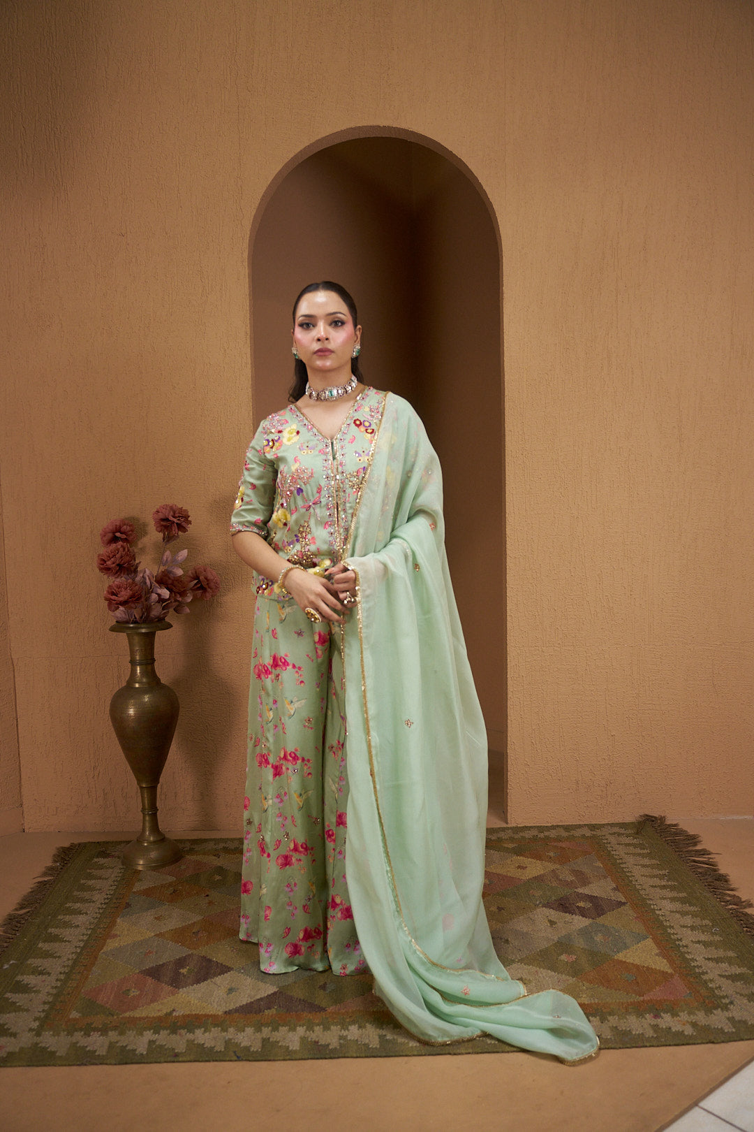 Verdant Bloom Embroidered Kurta Set with Sharara & Dupatta